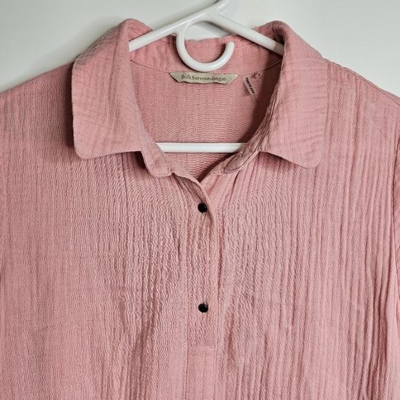 Soft Surroundings Small Lagenlook Pink Cotton Gauzy Half Buttondown Tunic Dress - Picture 7 of 15